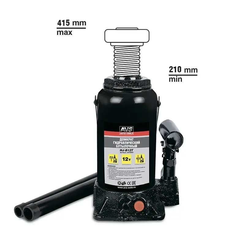 Домкрат гидравлический AVS HJ-B12T, 12т, 210-415мм. с клапаном (сумка, ремкомплект)