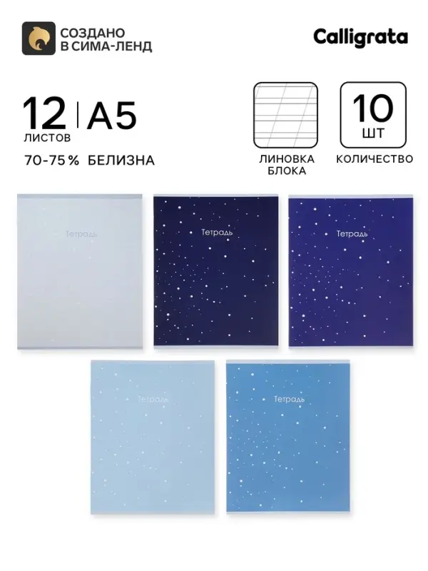 Тетрадь 10 штук, 12 листов в косую линейку Calligrata &laquo;Монохром&raquo;, серые листы, блок №2, 5 видов
