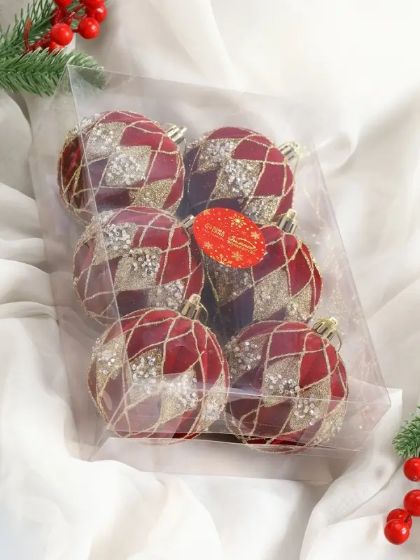 Набор шаров пластик d-8 см, 6 шт Набор шаров пластик d-8 см, 6 шт "Бархат. Фестиваль" ромбы блеск, красный