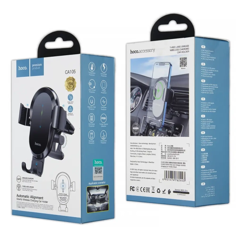 Автодержатель CA105 с беспроводной зарядкой HOCO черный