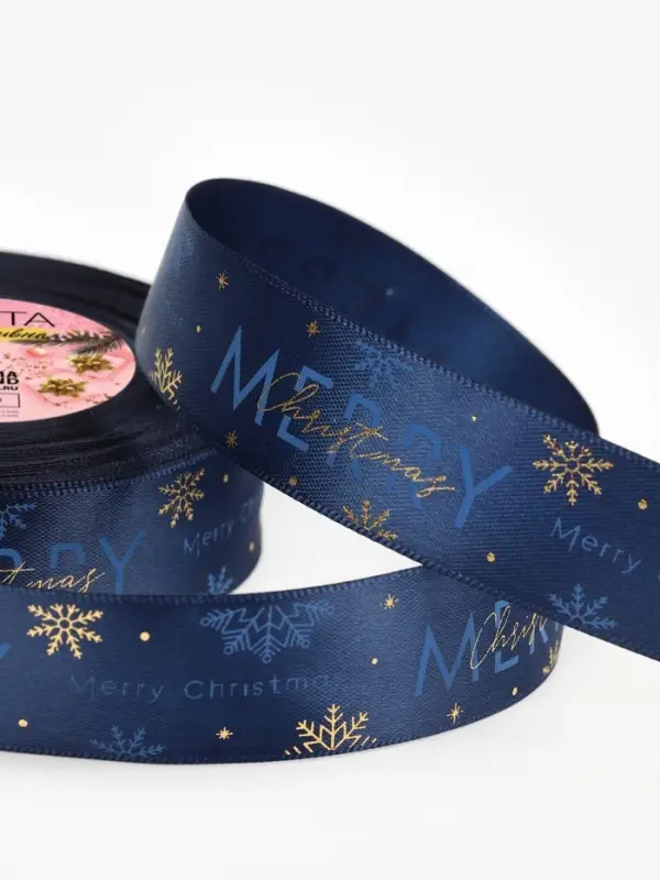 Лента атласная Merry Christmas, новогодняя, 25 мм, 23&plusmn;1 м, синяя