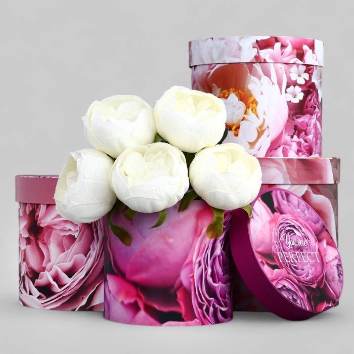 Набор шляпных коробок для цветов 4 в 1, упаковка подарочная, «Пионы», 20 х 17,5 - 16 х 14 см Набор шляпных коробок для цветов 4 в 1, упаковка подарочная, «Пионы», 20 х 17,5 - 16 х 14 см