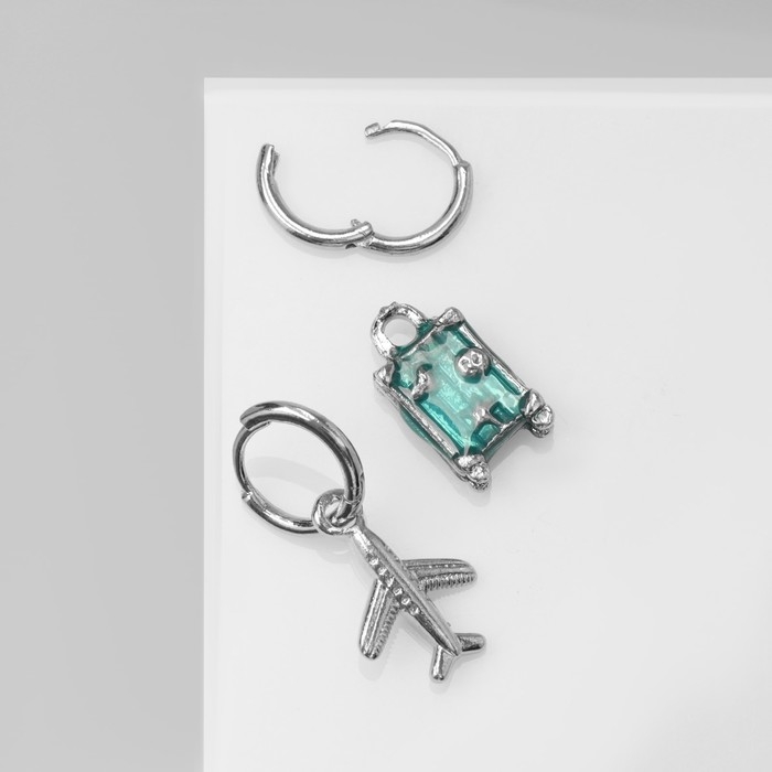 Серьги эмаль «Брелок» самолет и чемодан, цвет голубой в серебре Серьги эмаль «Брелок» самолет и чемодан, цвет голубой в серебре