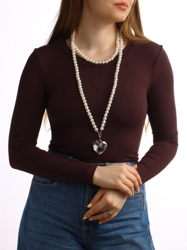 Портупея жемчужнаяс кулоном «Сердце», 129 см, белая в серебре Портупея жемчужнаяс кулоном «Сердце», 129 см, белая в серебре