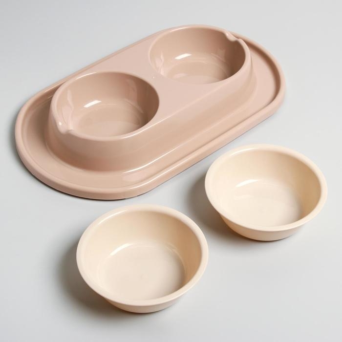 Миска для животных "Мур-мяу" 0,3л двойная на подставке, бежевая