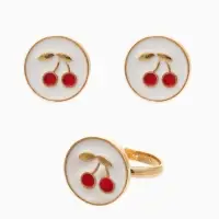 Набор детский "Выбражулька" 3 пред-а: кулон, кольцо, серьги, вишня, бело-красный в золоте