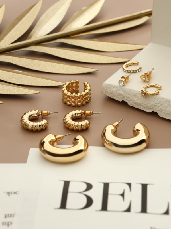 Серьги и каффы «Бублик», набор 9 шт. цвет золото