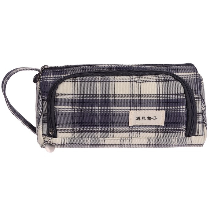 Пенал мягкий 2 отделения, 95 х 210 х 90 мм, объёмный с откидной планкой, с ручкой, Calligrata, Пенал мягкий 2 отделения, 95 х 210 х 90 мм, объёмный с откидной планкой, с ручкой, Calligrata, "Шотландка", серо-синяя