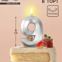 Свеча в торт на шпажке «Грань», цифра 9, серебро, 5 см