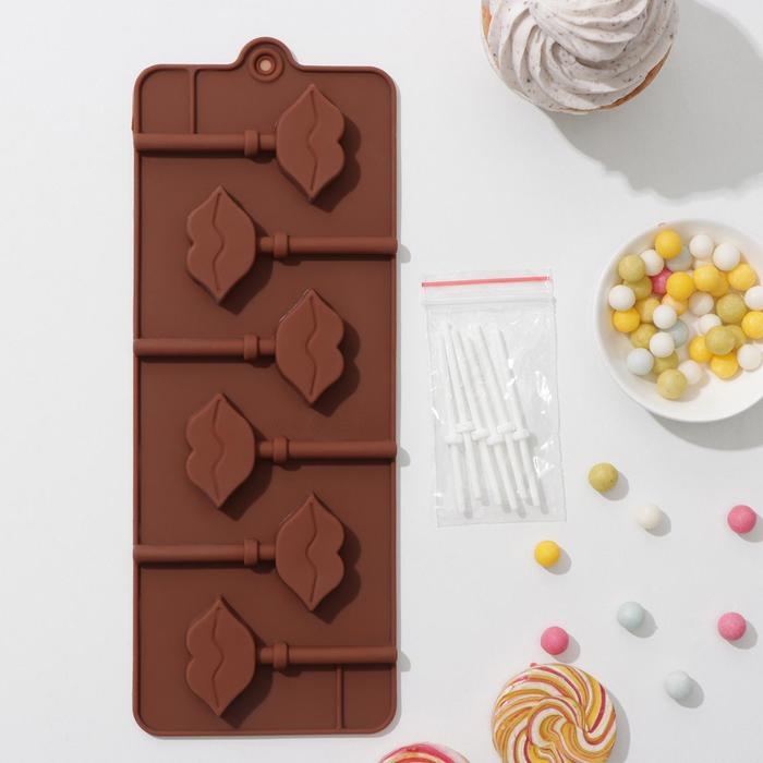 Форма для леденцов Доляна «Поцелуй», силикон, 24×9,4×1,5 см, 6 ячеек (4×2,4 см), с палочками, цвет коричневый Форма для леденцов Доляна «Поцелуй», силикон, 24×9,4×1,5 см, 6 ячеек (4×2,4 см), с палочками, цвет коричневый