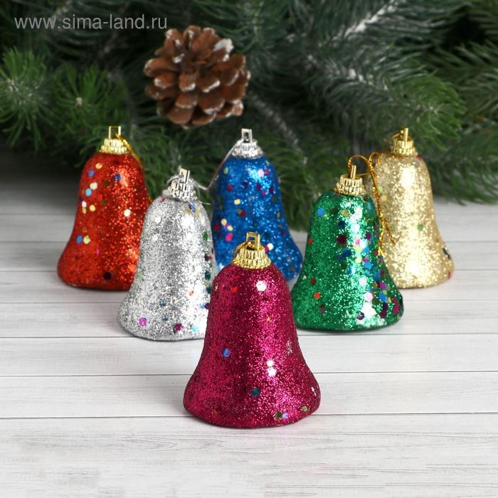 Украшение ёлочное "Колокольчик в блёстках" (набор 6 шт) 4,5х5,5 см, микс