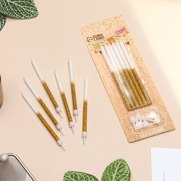 Свечи для торта Свечи для торта "Блестящее сияние", 6 шт, белые с золотым