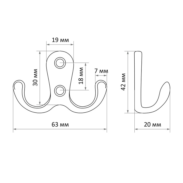 Крючок мебельный ТУНДРА TKD006, двухрожковый, хром Крючок мебельный ТУНДРА TKD006, двухрожковый, хром