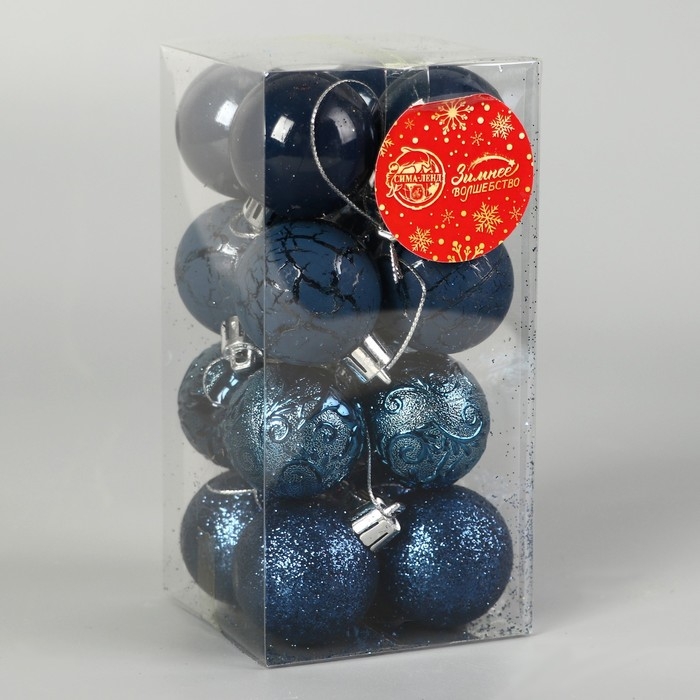Набор шаров пластик d-4 см, 16 шт Набор шаров пластик d-4 см, 16 шт "Мелодия" узор треск, синий