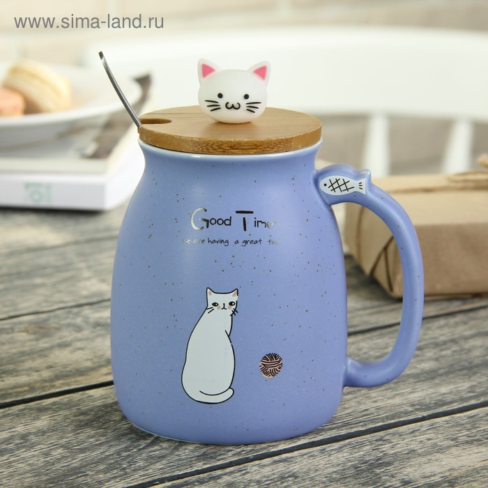 Кружка керамическая с деревянной крышкой и ложкой «Котик», 500 мл, цвет и рисунок МИКС Кружка керамическая с деревянной крышкой и ложкой «Котик», 500 мл, цвет и рисунок МИКС