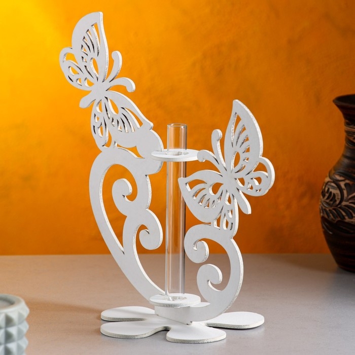 Кашпо деревянное 13.5×13×26.5 см с 1 колбой  Кашпо деревянное 13.5×13×26.5 см с 1 колбой "Бабочки", белый Дарим Красиво