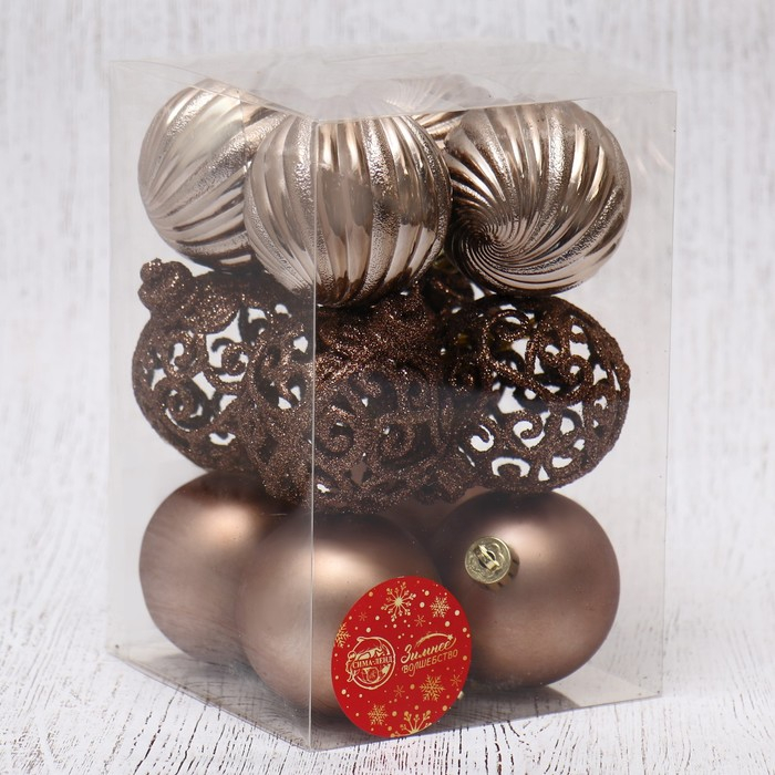 Набор шаров пластик d-6 см, 12 шт Набор шаров пластик d-6 см, 12 шт "Николь узоры" коричневый
