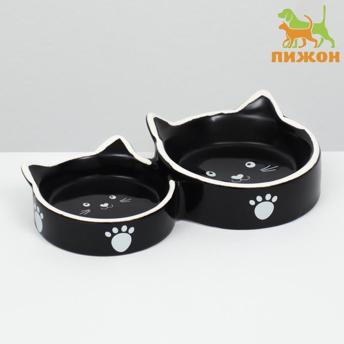 Миска керамическая  Миска керамическая "Кошачье семейство" 40/60 мл  двойная 19 х 10,5 х 3,5 см, чёрно-белая