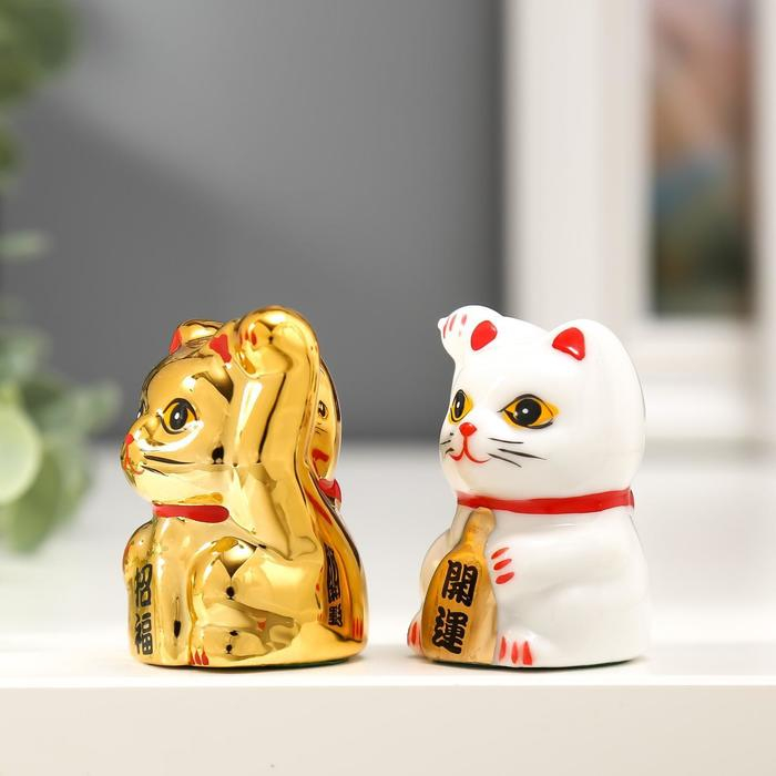Сувенир керамика Сувенир керамика "Кот Манэки-нэко белый и золотой" набор 2 шт 5х3,3х3 см