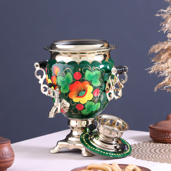 Набор «Маки на зелёном», жёлудь, 3 предмета, самовар 3 л, заварочный чайник 0,7 л, поднос Набор «Маки на зелёном», жёлудь, 3 предмета, самовар 3 л, заварочный чайник 0,7 л, поднос