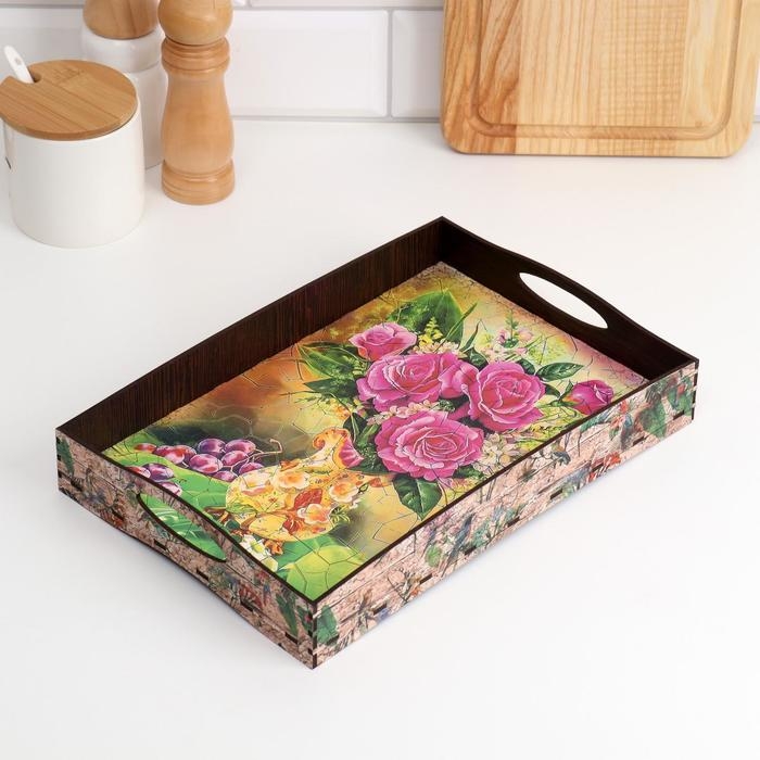 Поднос с ручками Поднос с ручками "Ваза с цветами", деревянный, 30х20х4,5см