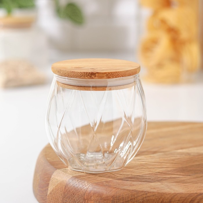 Банка стеклянная для хранения сыпучих продуктов «Эко. Грани», 400 мл, 10×9,5 см, с бамбуковой крышкой