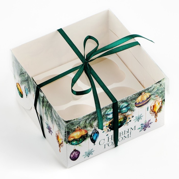 Коробка для капкейка «Еловые веточки», 16 х 16 х 10 см, Новый год Коробка для капкейка «Еловые веточки», 16 х 16 х 10 см, Новый год