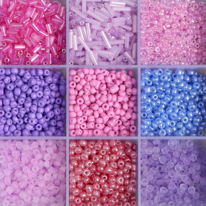 Бисер стекло 6/0, 8/0, 12/0 в шкатулке  Бисер стекло 6/0, 8/0, 12/0 в шкатулке "Сиреневый" стеклярус 15,5х9,5х1,6 см