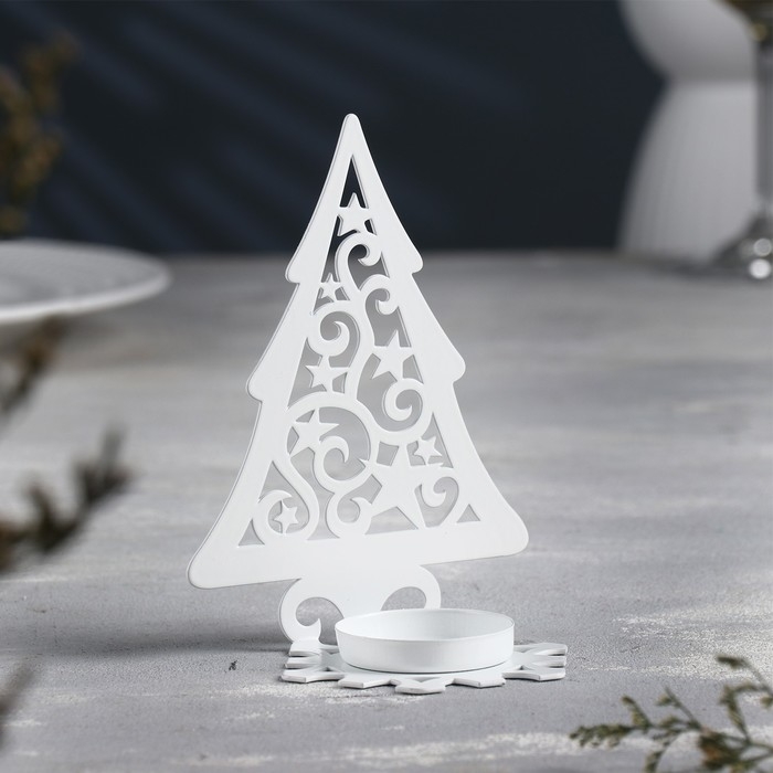 Новый год Подсвечник Новый год Подсвечник "Ёлка со звездами" металл на одну свечу, 6,6х10х13 см, белый