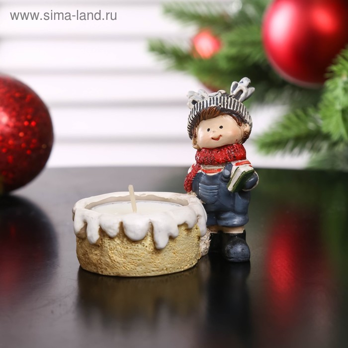 Сувенир полистоун подсвечник со свечой "Мальчик/Девочка в шапочке-зверька" МИКС 7,2х8х5,2 см