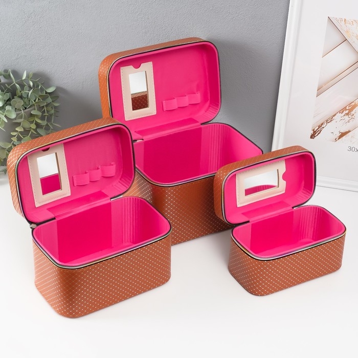 Шкатулка кожзам с зеркалом Шкатулка кожзам с зеркалом "Ромбы" охра набор 3 шт 19х10,5х10,5 21х13х14 15х23х17 см