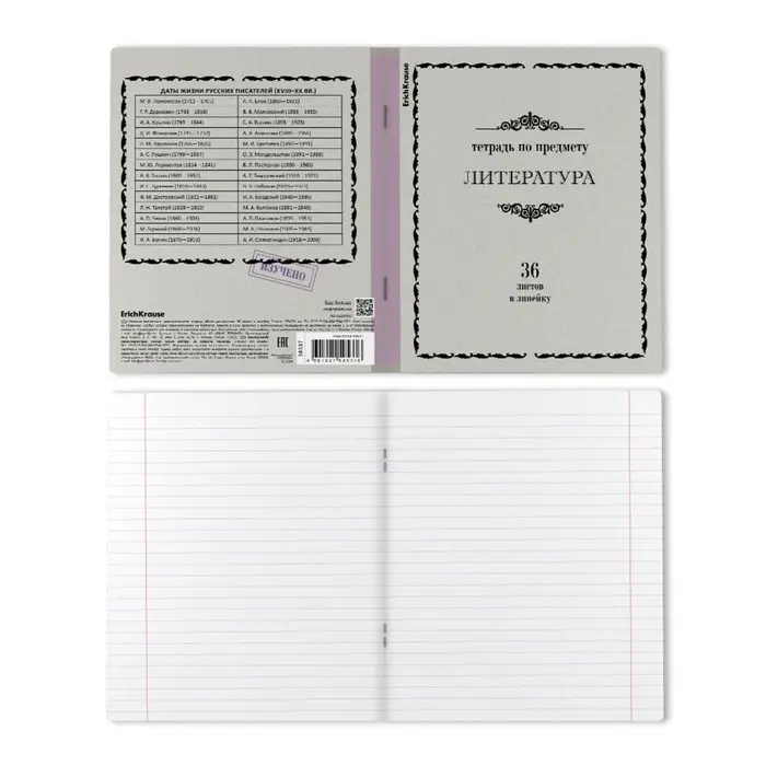 Тетрадь предметная ЛИТЕРАТУРА, 36 листов в линейку, ErichKrause "Академкнига", обложка мелованный картон, блок офсет 100% белизна, инфо-блок