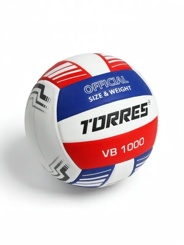 Волейбольный мяч TORRES VB 1000, размер 5, бутиловая камера, клееный, микрофибра, бело-сине-красный