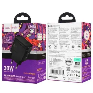 Переходник сетевого зарядного устройства CS61A HOCO на Type-C PD30W + USB QC3.0 черный