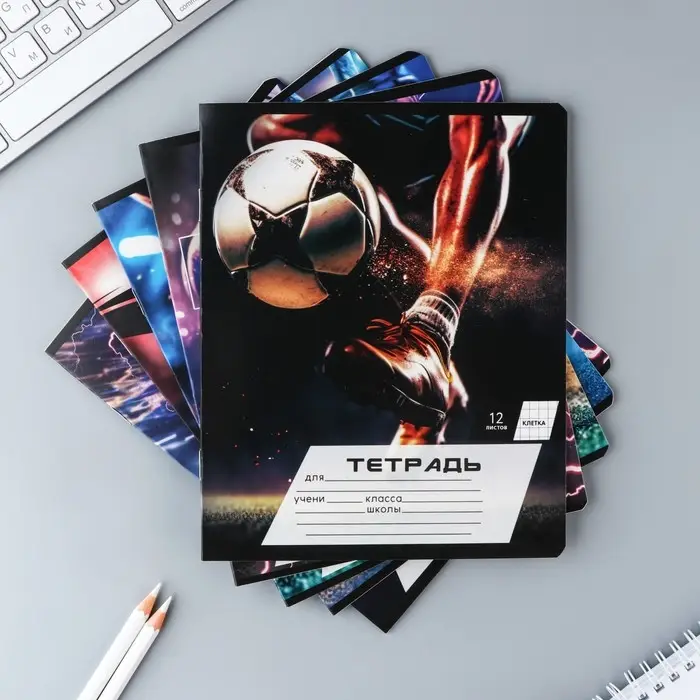 Тетрадь в клетку 12 листов А5, на скрепке &laquo;Мяч&raquo;, обложка мелованный картон, блок №2, 5 видов МИКС