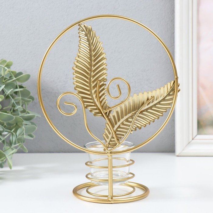 Подсвечник металл на 1 свечу  Подсвечник металл на 1 свечу "Золотые листья в круге" d=4,5 см золото 16х9,5х21 см