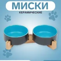 Миски, 450 мл, 28.5&times;15.5&times;7 с, 2 шт., на подставке, керамика, серая, голубая