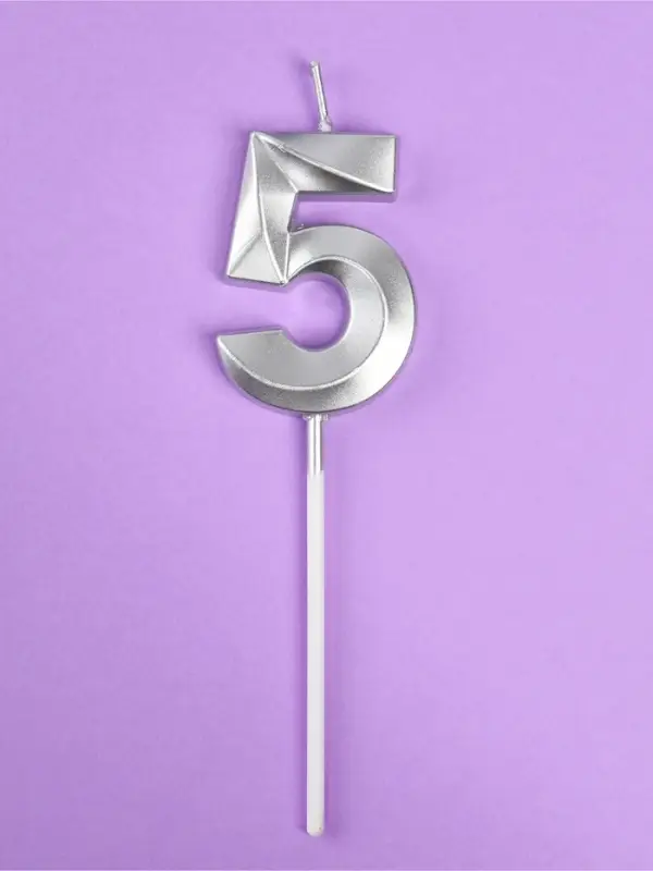 Свеча в торт на шпажке &laquo;Грань&raquo;, цифра 5, серебро, 5 см