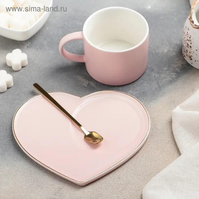 Чайная пара керамическая с ложкой «Поцелуй», 2 предмета: кружка 200 мл, тарелка 15,5×13,5 см, цвет МИКС Чайная пара керамическая с ложкой «Поцелуй», 2 предмета: кружка 200 мл, тарелка 15,5×13,5 см, цвет МИКС