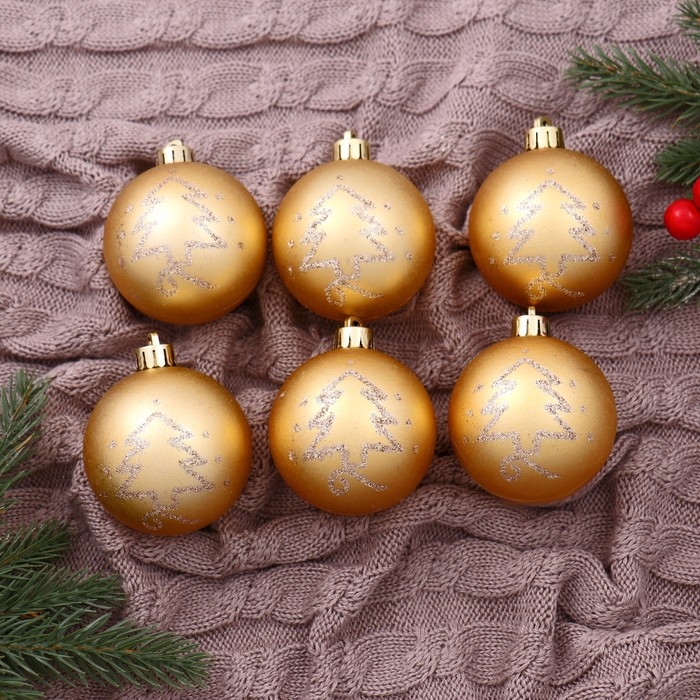 Набор шаров пластик d-6 см, 6 шт Набор шаров пластик d-6 см, 6 шт "Лиа ёлочки" золото