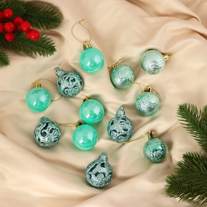 Набор шаров пластик d-4 см, 12 шт Набор шаров пластик d-4 см, 12 шт "Мелодия" орнамент, зелёный