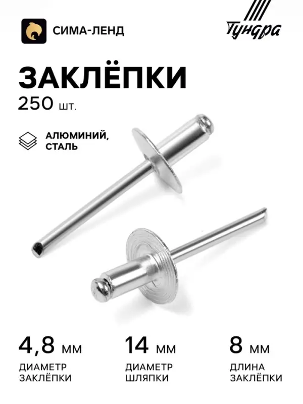 Заклёпки ТУНДРА krep, вытяжные, алюминий-сталь, 4.8&times;8 мм, неокрашенные, 250 шт.