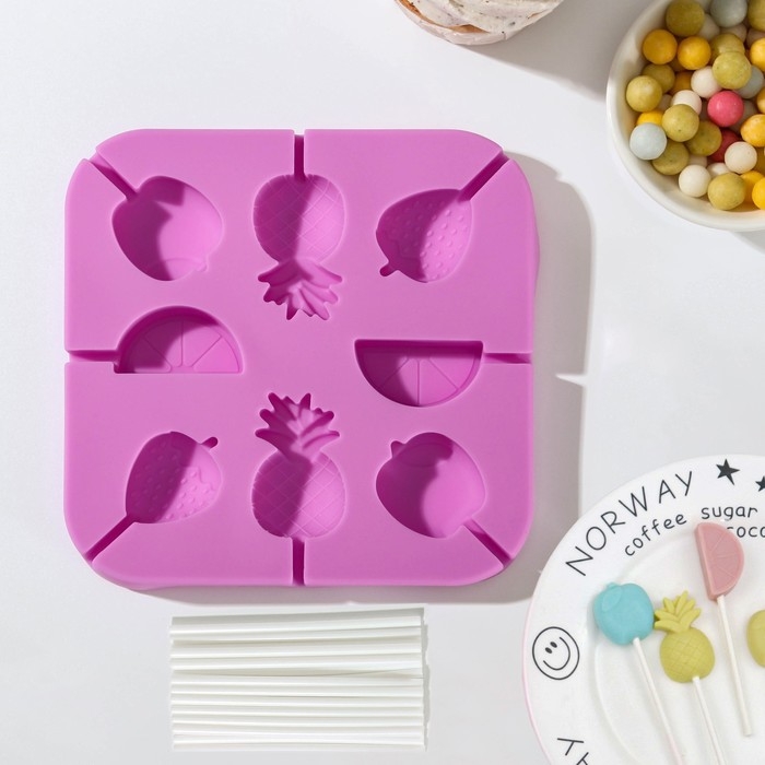 Форма для леденцов Доляна «Тропики», силикон, 13,5×13,5×1,2 см, 8 ячеек, с палочками, цвет МИКС Форма для леденцов Доляна «Тропики», силикон, 13,5×13,5×1,2 см, 8 ячеек, с палочками, цвет МИКС