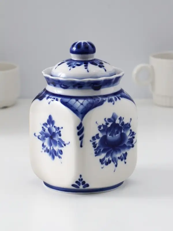 Банка для хранения сыпучих продуктов &laquo;Каскад&raquo;, 16.5 см, 0.95 л, автор Шибаев С., фарфор гжель