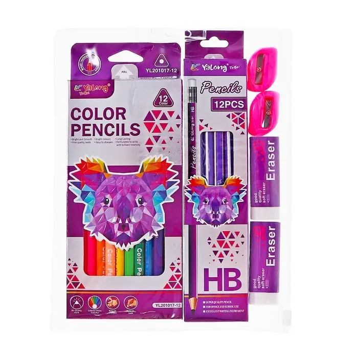 Набор карандашей цветных чернографитных Yalong, 12 штук, 2 точилки, 2 ластика, в папке на молнии, МИКС