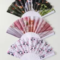 Веер пластик, текстиль "Кошечки и цветы" МИКС широкие лопасти 23 см