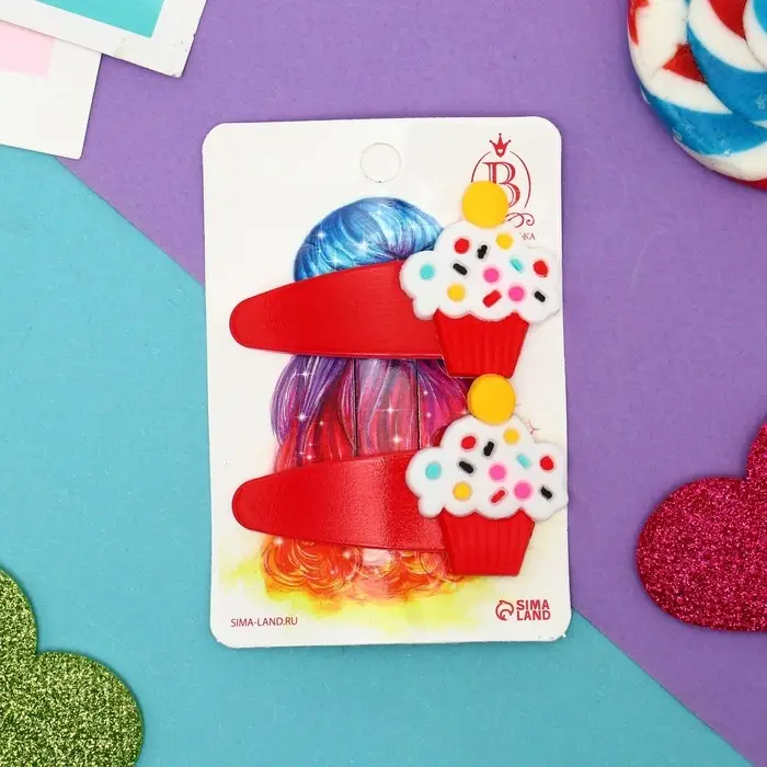 Невидимка для волос "Лолия" (набор 2 шт) пирожное с шариками, 5,5 см, красный