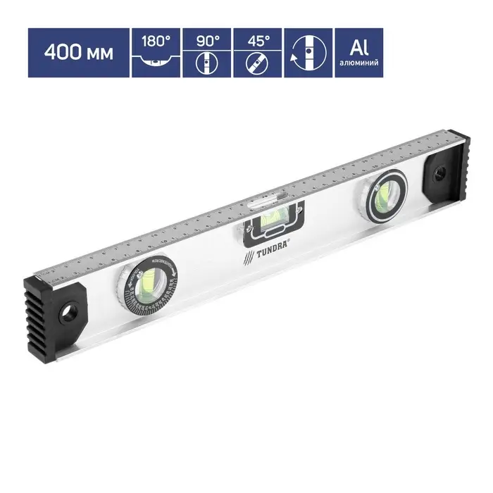 Уровень алюминиевый ТУНДРА &laquo;Рельс&raquo;, 3 глазка (1 поворотный), 400 мм
