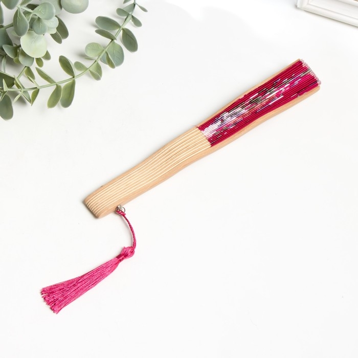 Веер бамбук, текстиль h=21 см изгиб, с кистью  Веер бамбук, текстиль h=21 см изгиб, с кистью "Цветы" в коробке, ярко-розовый