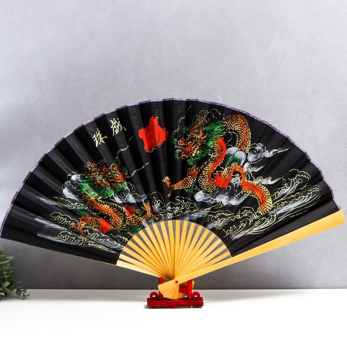 Веер бамбук, текстиль h=50 см  Веер бамбук, текстиль h=50 см "Драконы"  чёрный